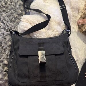 Gucci Black GG Canvas Crossbody Bag with Silver Buckle